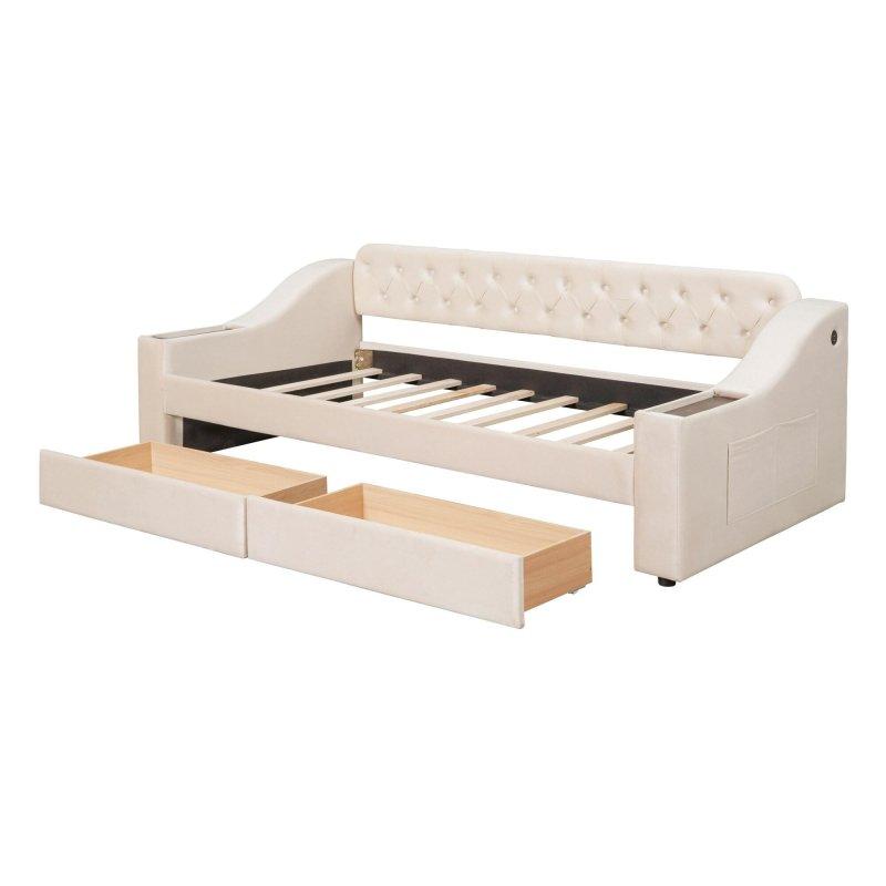 Bej Kadife Kumaş USB Portlu 2 Çekmeceli Daybed Karyola - 329932