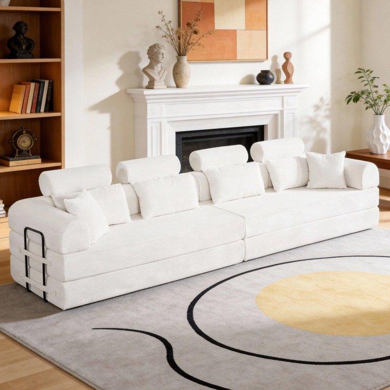 Bej Kadife Kumaş Yataklı Modüler Minderli Köşe Koltuk - 271x181 cm - 260061