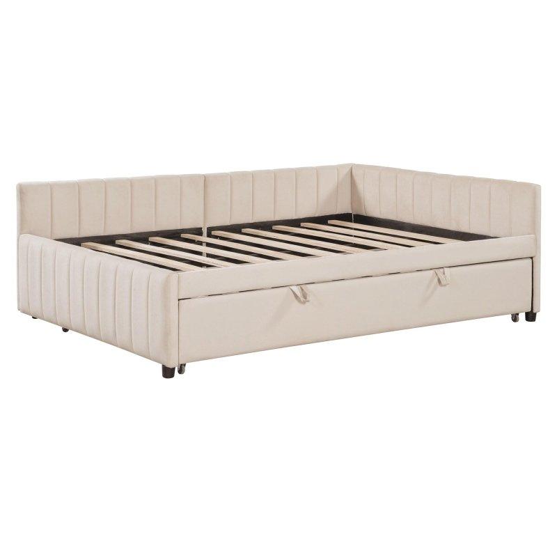 Bej Kadife L Sırtlıklı Açılır Yavru Yataklı Daybed Karyola - 330336