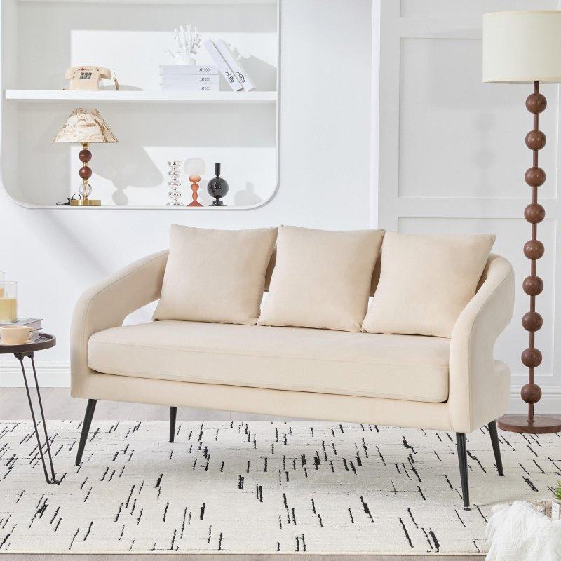 Bej Kadife Masif Ahşap İskeletli Metal Ayaklı 3 Yastıklı Bohem Koltuk - 137x70x73 cm - 286878 Bej Kadife Masif Ahşap İskeletli Metal Ayaklı 3 Yastıklı Bohem Koltuk - 137x70x73 cm - 286878