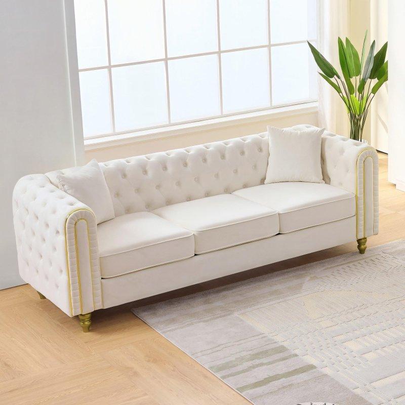 Bej Kadife Masif Ahşap Kapitoneli Gold Detaylı Bohem Koltuk - 219 cm - 287126