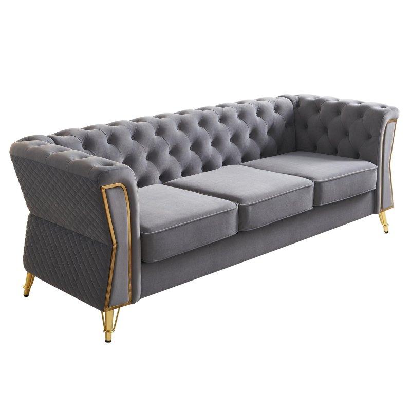 Bej Kadife Masif Ahşap Kapitoneli Gold Metal Detaylı Bohem Koltuk - 222 cm - 284368