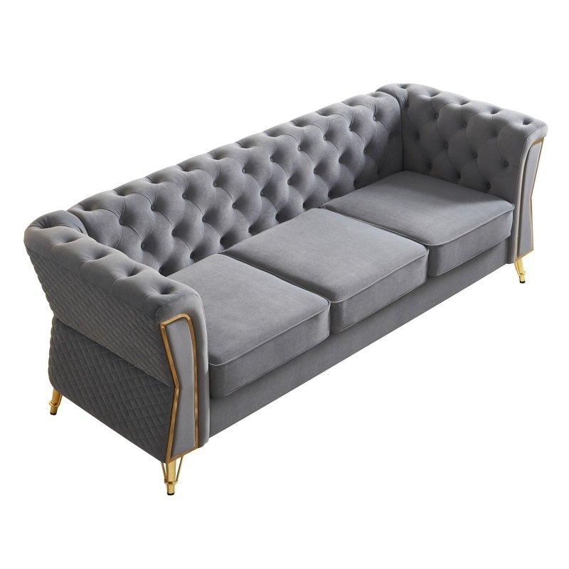 Bej Kadife Masif Ahşap Kapitoneli Gold Metal Detaylı Bohem Koltuk - 222 cm - 284368