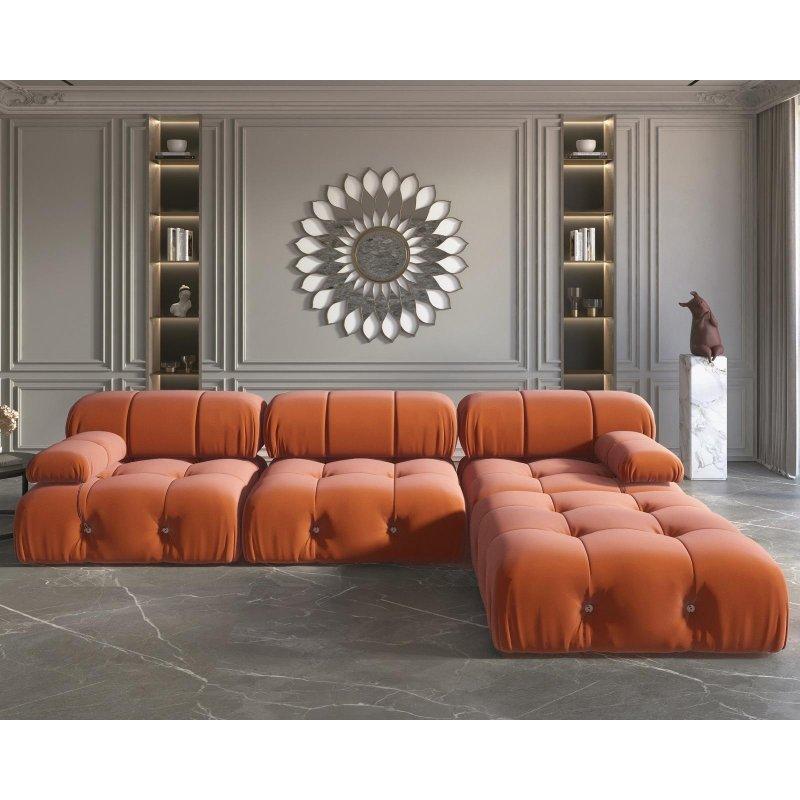 Bej Kadife Masif Ahşap Modüler Puflu Köşe Koltuk - 265x177 cm - 256186