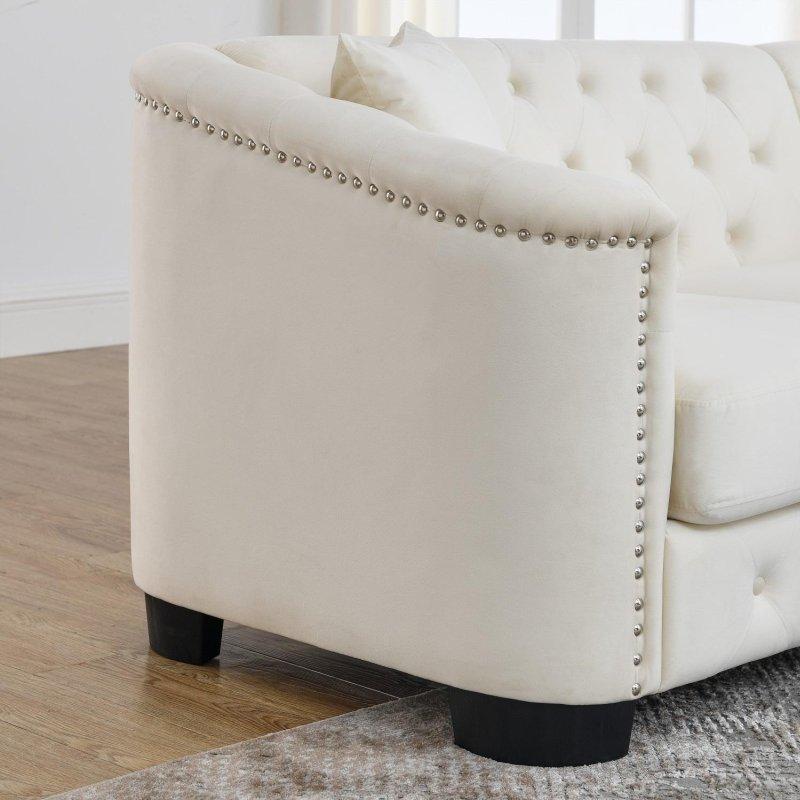 Bej Kadife Masif Ahşap Zımba Detaylı 3 Kişilik Chesterfield Bohem Koltuk - 196 cm - 293643