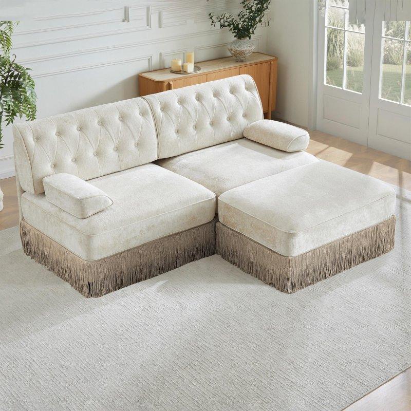 Bej Kadife MDF Modüler Püsküllü Etekli Chesterfield Bohem Koltuk - 195x154 cm - 292467