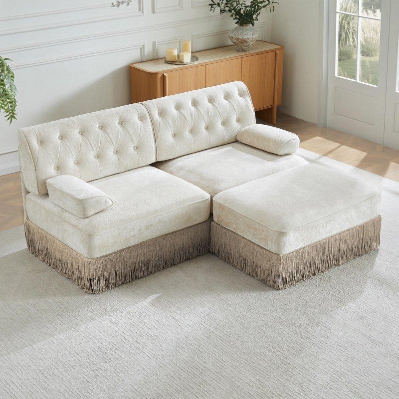 Bej Kadife MDF Modüler Püsküllü Etekli Chesterfield Bohem Koltuk - 195x154 cm - 292467