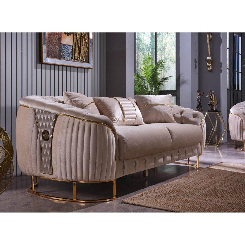 Bej Kadife Metal Ayaklı Kapitoneli Sırtlı Bohem Koltuk - 228 cm - 279994