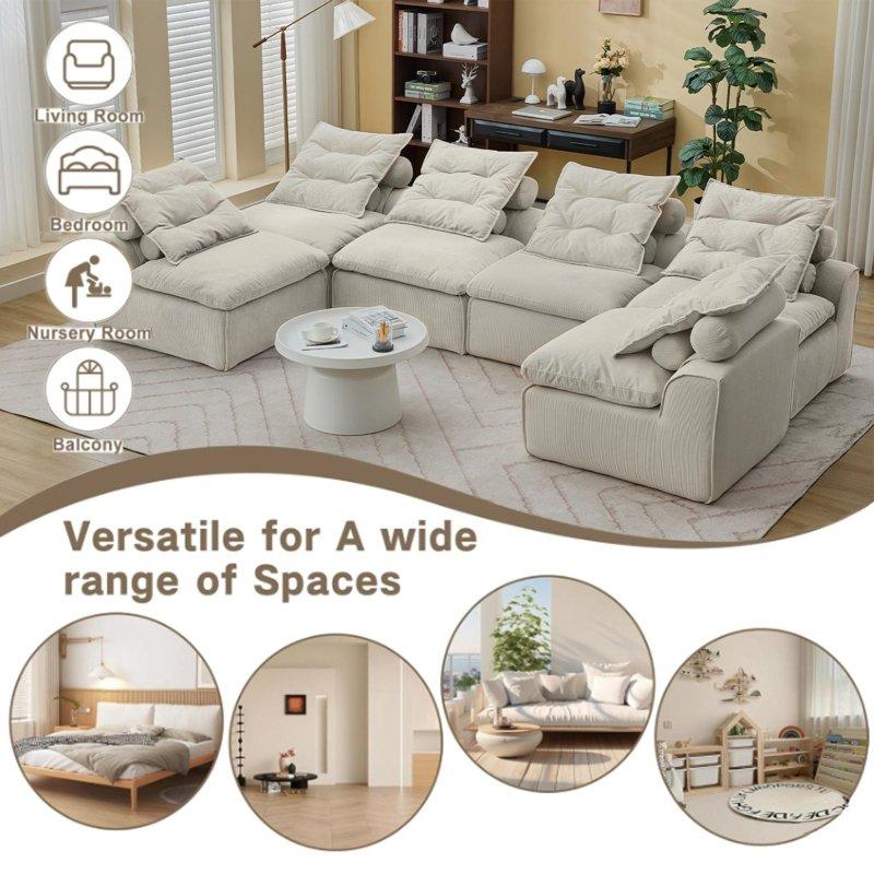 Bej Kadife Modüler 6 Kişilik 12 Yastıklı Kolsuz Köşe Koltuk - 336 cm - 255726