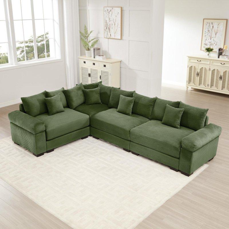 Bej Kadife Modüler Puf Dahil L Köşe Koltuk - 297 cm - 258895