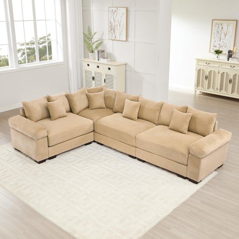 Bej Kadife Modüler Puf Dahil L Köşe Koltuk - 297 cm - 258895