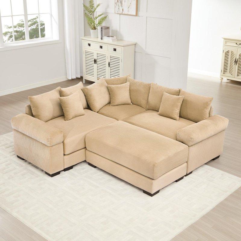 Bej Kadife Modüler Puflu Köşe Koltuk - 201 cm - 257932