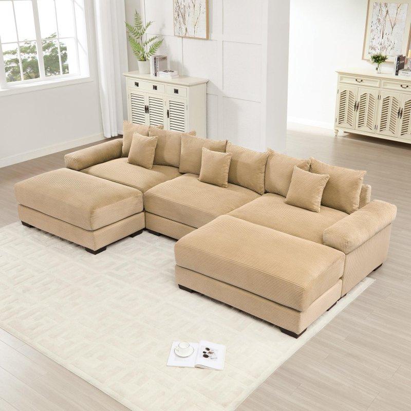 Bej Kadife Modüler U Şekilli Puf Dahil Köşe Koltuk - 331 cm - 256690