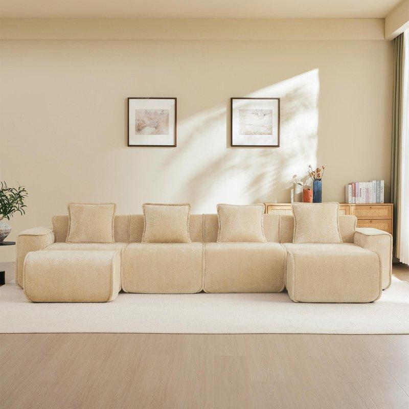 Bej Kadife Modüler U Şekilli Puf Dahil Köşe Koltuk - 352 cm - 255854