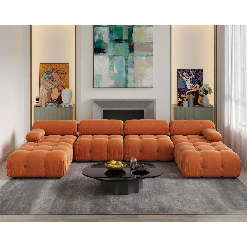 Bej Kadife Modüler U-Şekilli Puf Dahil Köşe Koltuk - 354x178 cm - 258888