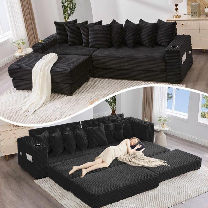 Bej Kadife Modüler Yataklı Puflu Köşe Koltuk - 282x153 cm - 258220