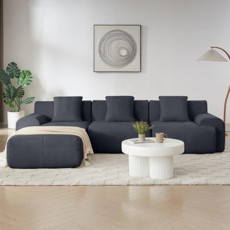 Bej Kadife Modüler Yönü Değiştirilebilir Puflu Köşe Koltuk - 288 cm - 259109