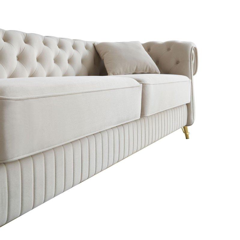 Bej Kadife Nakışlı Gold Detaylı 3 Kişilik Bohem Koltuk - 227 cm - 282894