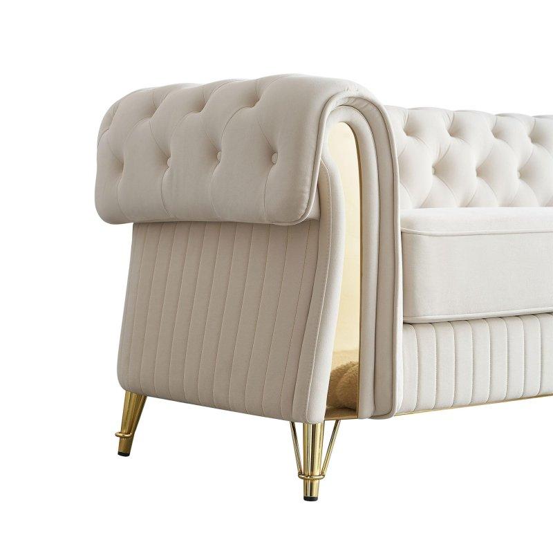 Bej Kadife Nakışlı Gold Detaylı 3 Kişilik Bohem Koltuk - 227 cm - 282894