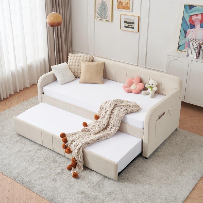 Bej Kadife Yavrulu Ahşap ve MDF İskeletli Bohem Koltuk - 182 cm - 288253