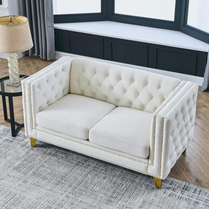 Bej Kadife Zımba Detaylı Chesterfield 2 Kişilik Bohem Koltuk - 291739