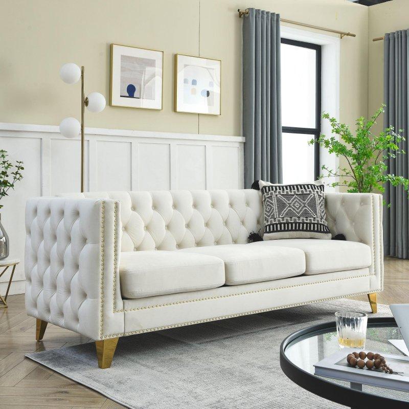 Bej Kadife Zımba Detaylı Metal Ayaklı 3 Kişilik Chesterfield Bohem Koltuk - 205 cm - 290711