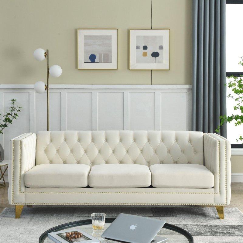 Bej Kadife Zımba Detaylı Metal Ayaklı 3 Kişilik Chesterfield Bohem Koltuk - 205 cm - 290711