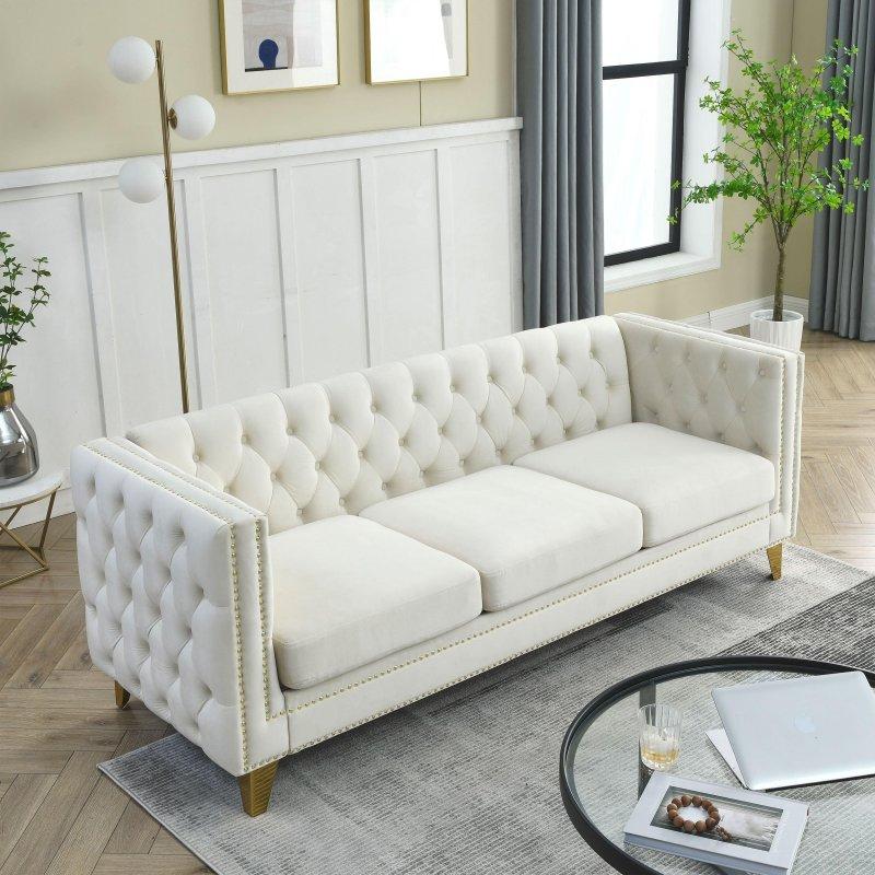 Bej Kadife Zımba Detaylı Metal Ayaklı 3 Kişilik Chesterfield Bohem Koltuk - 205 cm - 290711 Bej Kadife Zımba Detaylı Metal Ayaklı 3 Kişilik Chesterfield Bohem Koltuk - 205 cm - 290711