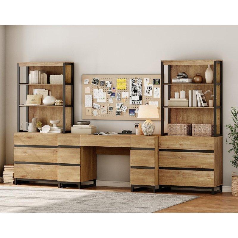 Bej Kahverengi MDF Çekmeceli Çalışma Masalı Kitaplık Seti - 183 cm - 313433