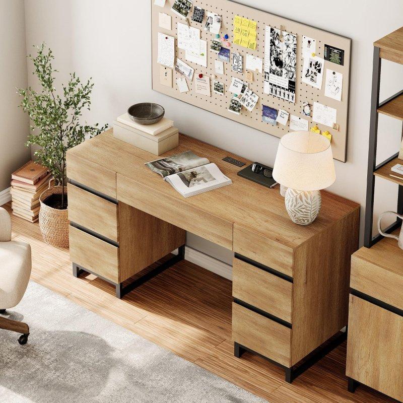 Bej Kahverengi MDF Çekmeceli Çalışma Masalı Kitaplık Seti - 183 cm - 313433