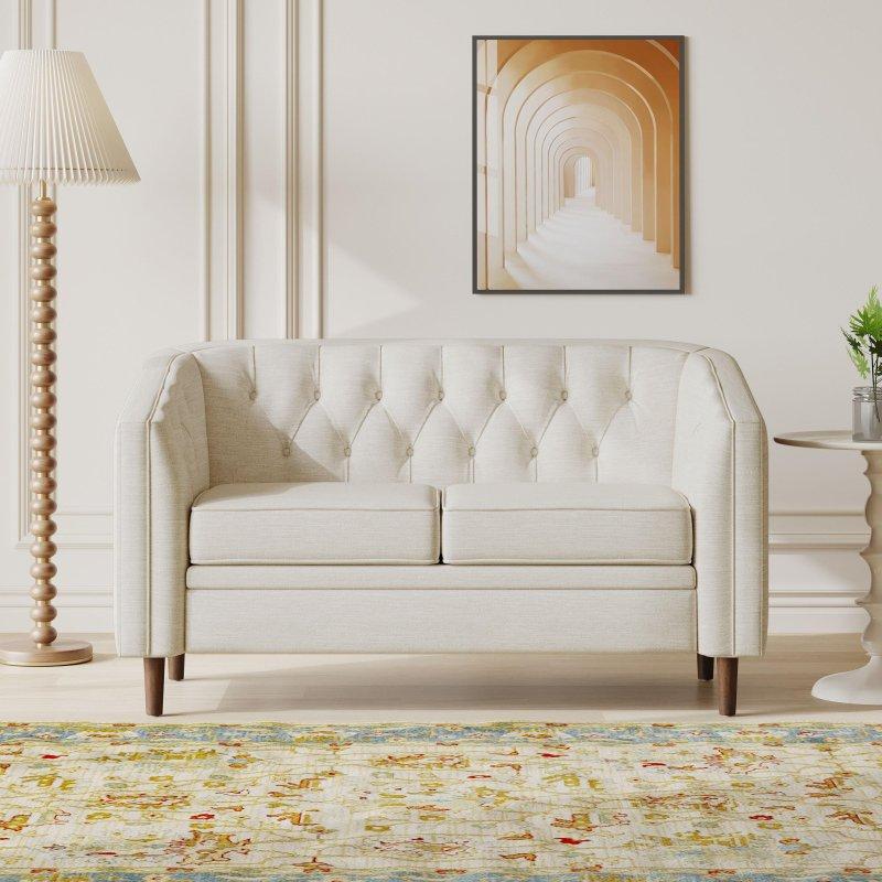 Bej Kapitoneli Çıkarılabilir Minderli Huş Ağacı Ayaklı Bohem Koltuk - 141 cm - 279986