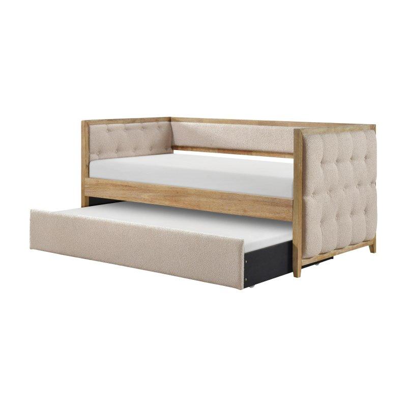 Bej Kapitoneli Doğal Ahşap Yavru Yataklı Daybed Karyola - 330301