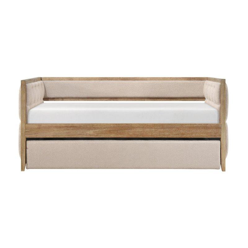 Bej Kapitoneli Doğal Ahşap Yavru Yataklı Daybed Karyola - 330301