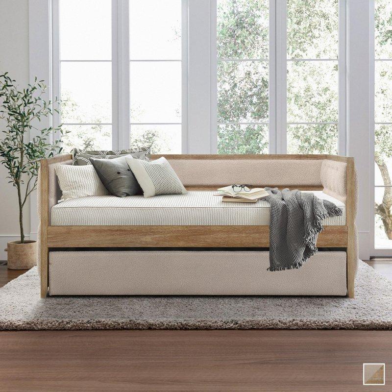 Bej Kapitoneli Doğal Ahşap Yavru Yataklı Daybed Karyola - 330301 Bej Kapitoneli Doğal Ahşap Yavru Yataklı Daybed Karyola - 330301