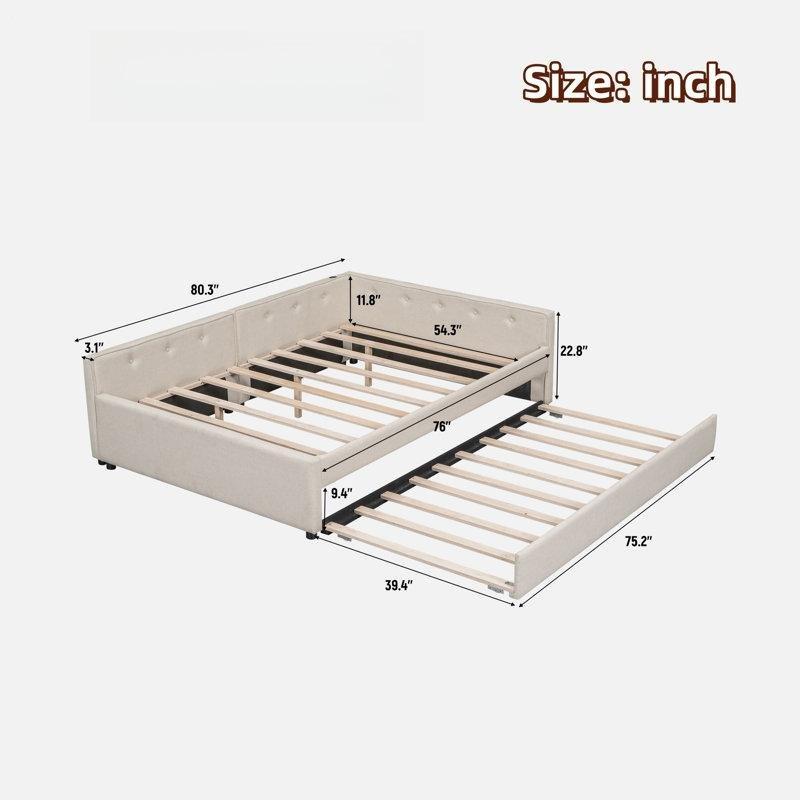 Bej Kapitoneli Keten USB Portlu Masif Çam ve MDF Yavru Yataklı Karyola - 328528