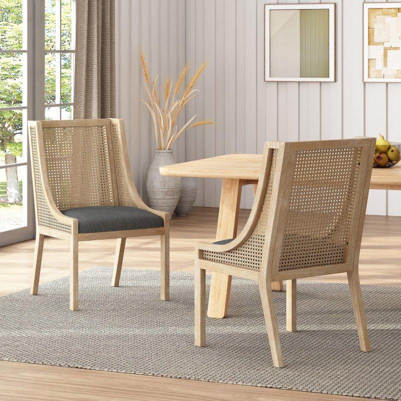Bej Kauçuk Ağacı Kumaş Döşemeli 2li Set Rattan Sandalye - 59x61x98 cm - 253126