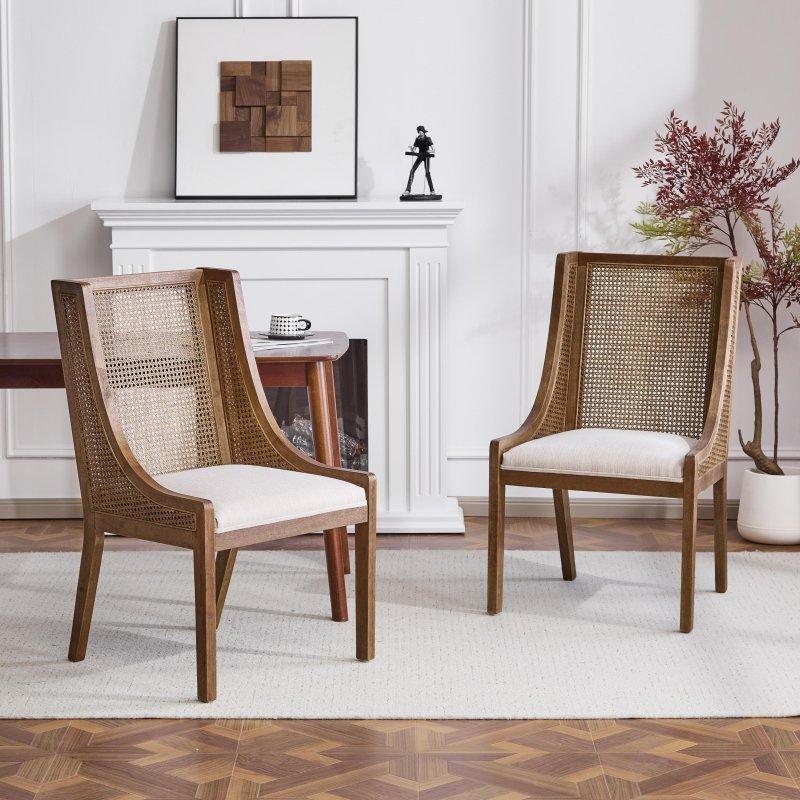 Bej Kauçuk Ağacı Kumaş Döşemeli 2li Set Rattan Sandalye - 59x61x98 cm - 253126