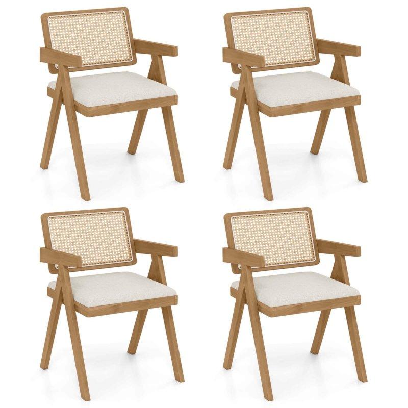 Bej Kauçuk Ağacı Kumaş Kolçaklı Kır Evi Tasarım Rattan Sandalye - 55x55x81 cm - 252203
