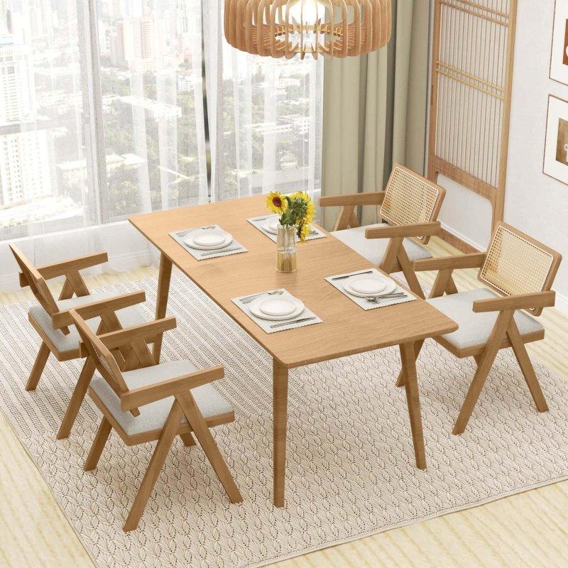 Bej Kauçuk Ağacı Kumaş Kolçaklı Kır Evi Tasarım Rattan Sandalye - 55x55x81 cm - 252203