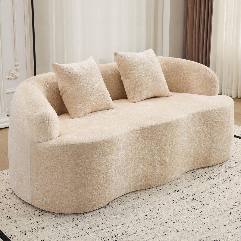Bej Kavisli Yuvarlak Kollu 2 Yastıklı 3 Kişilik Bohem Koltuk - 187x89 cm - 287310