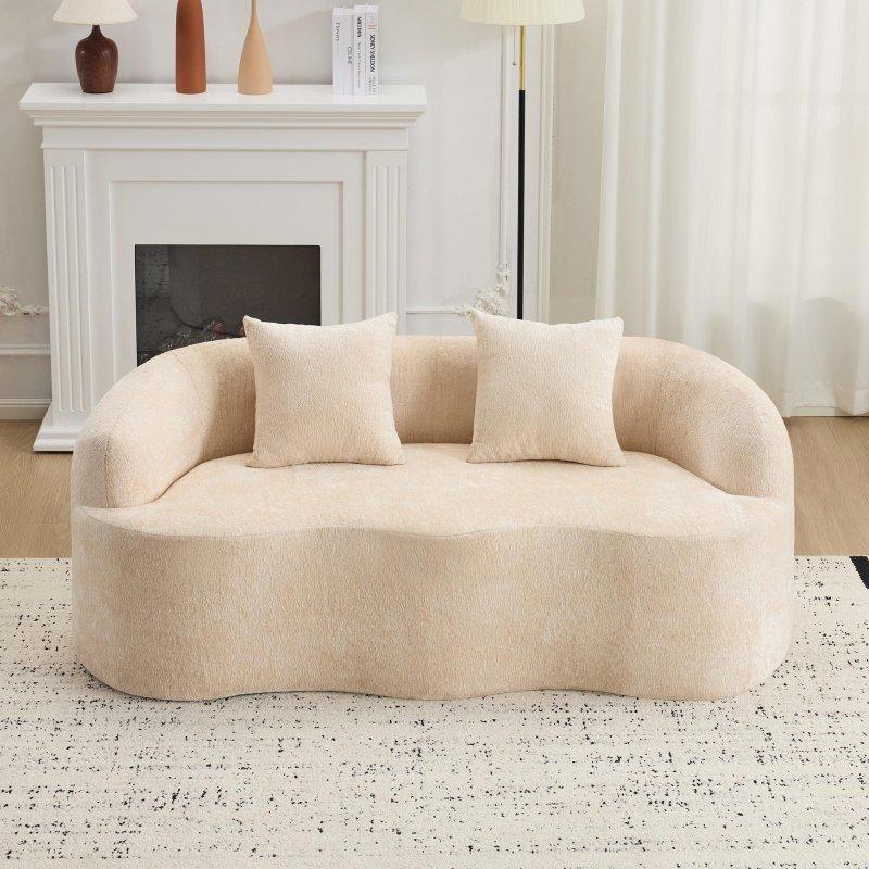 Bej Kavisli Yuvarlak Kollu 2 Yastıklı 3 Kişilik Bohem Koltuk - 187x89 cm - 287310