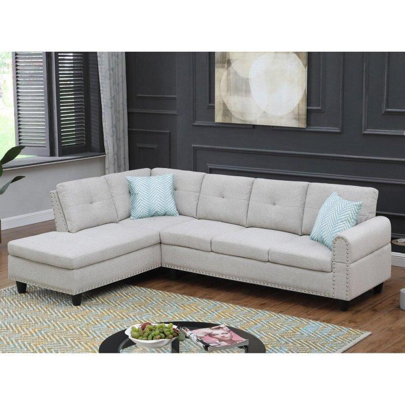 Bej Keten Ahşap İskeletli Bardaklıklı Sağ Köşe Koltuk - 249x181 cm - 257174