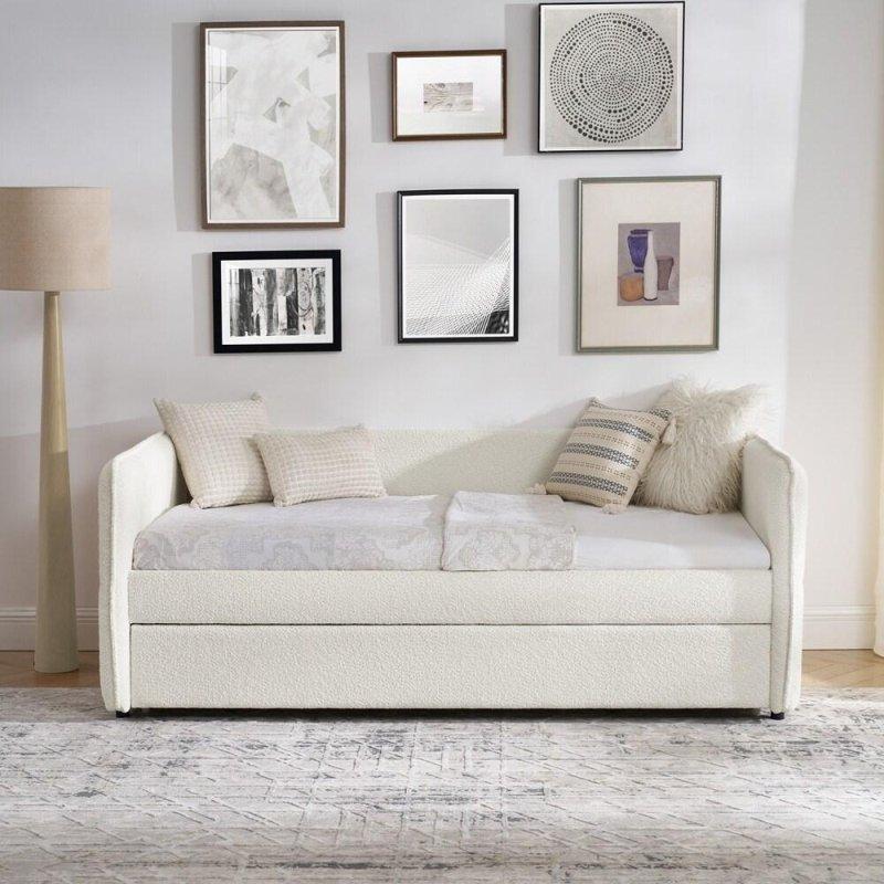 Bej Keten Döşemeli Ahşap Yavru Yataklı Daybed Karyola - 329925