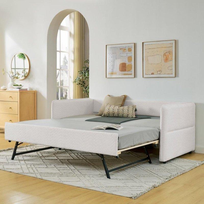 Bej Keten Döşemeli Ahşap Yavru Yataklı Daybed Karyola - 329925