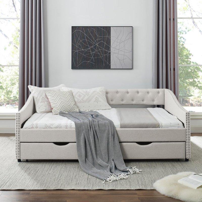Bej Keten Döşemeli Çekmeceli Kapitoneli Daybed Karyola - 329874 Bej Keten Döşemeli Çekmeceli Kapitoneli Daybed Karyola - 329874