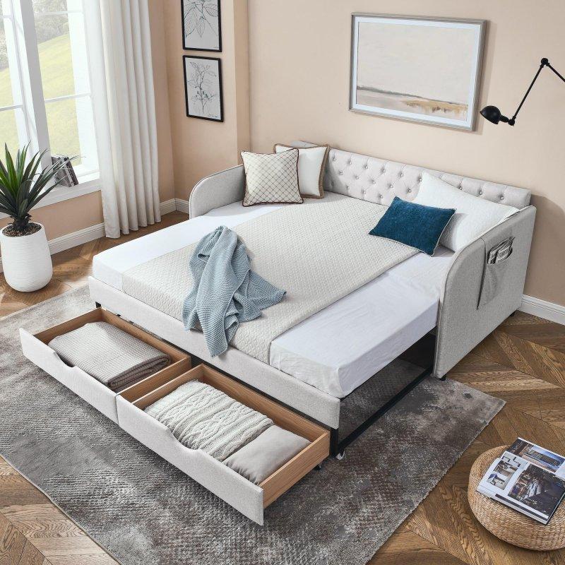 Bej Keten Döşemeli Düğme Kapitoneli Yavru Yataklı ve Çekmeceli Daybed Karyola - 205x116x87 cm - 329903