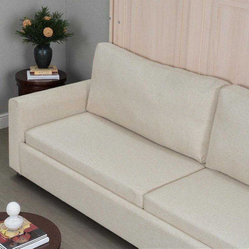 Bej Keten Döşemeli Koltuklu LED Aydınlatmalı Masif Çam Ağacı Duvar Yatağı Queen Size - 265052