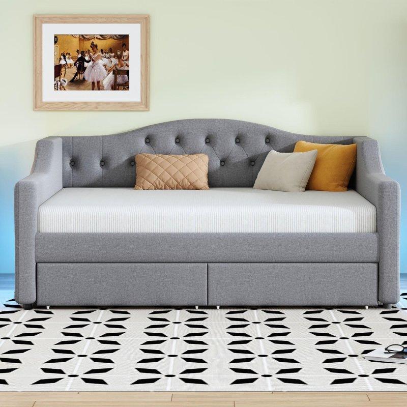 Bej Keten Döşemeli LED Aydınlatmalı 2 Çekmeceli Masif Ahşap Daybed Karyola - Twin XL - 329643