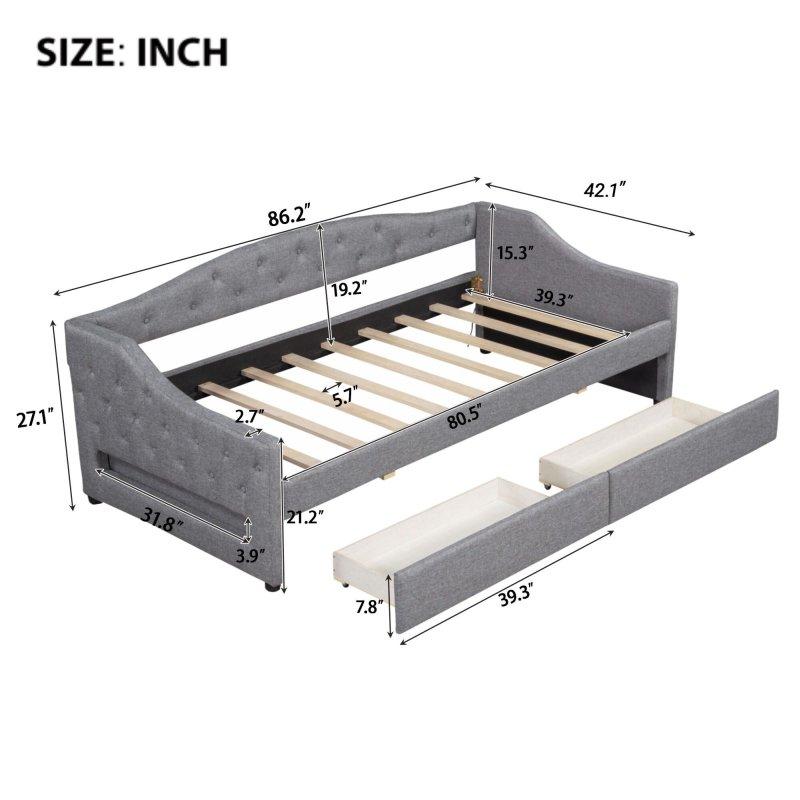 Bej Keten Döşemeli LED Aydınlatmalı 2 Çekmeceli Masif Ahşap Daybed Karyola - Twin XL - 329643