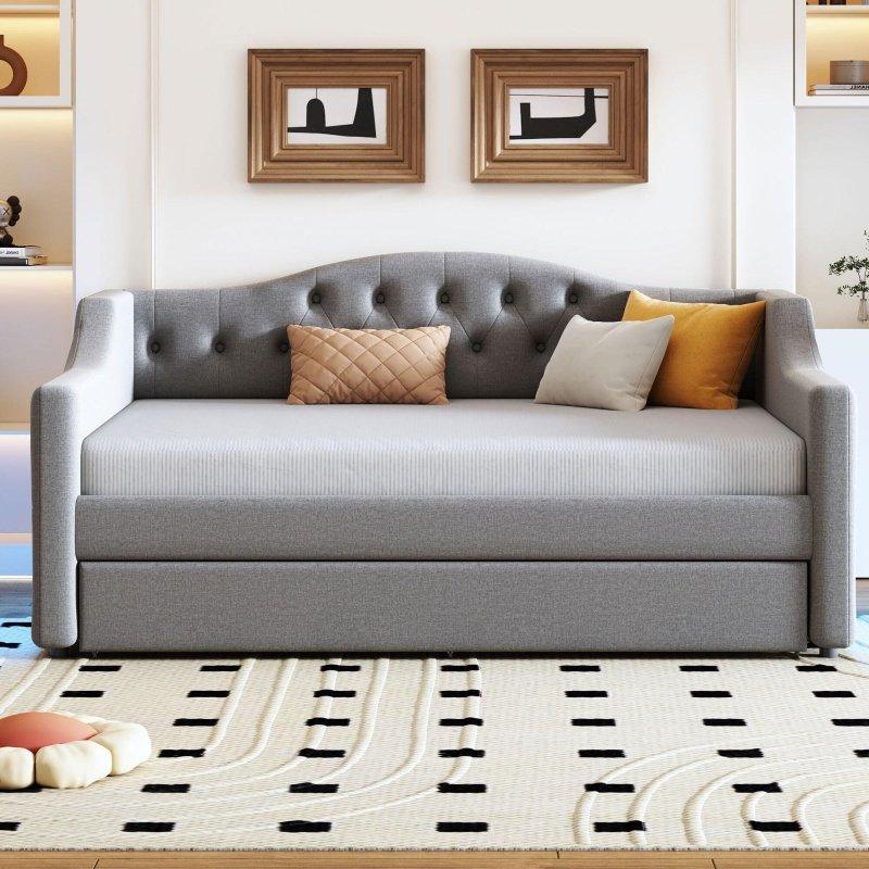 Bej Keten Döşemeli LED Aydınlatmalı ve Yavru Yataklı Daybed Karyola - 329843